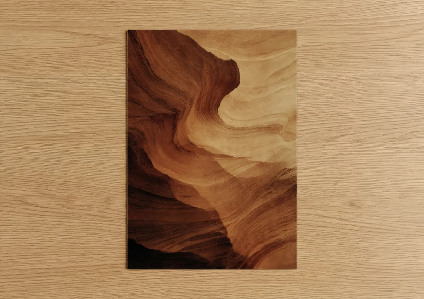 Natural stones art print on warm oak wood — russet and gold palette — Crimson Canyon Layers poster