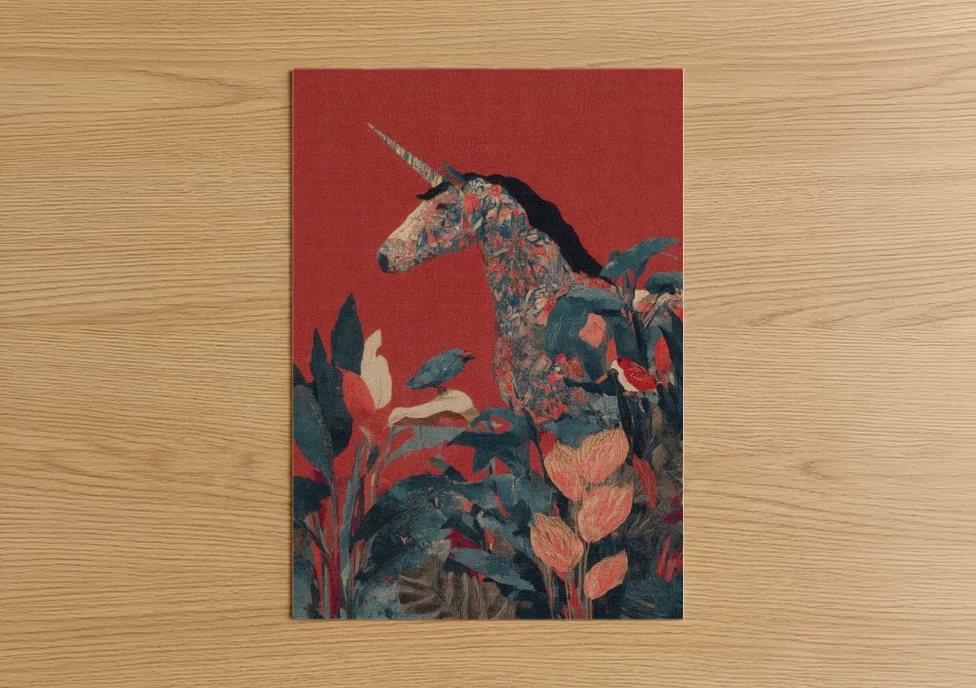 Crimson Unicorn Floral Fantasy Wall Art