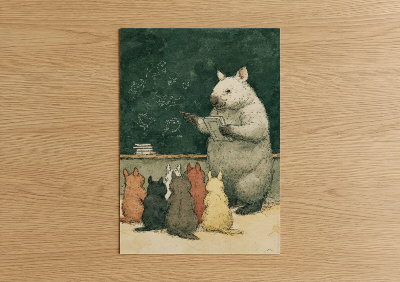 Art print on warm oak wood — dark green and cream palette — Teacher Wombat poster