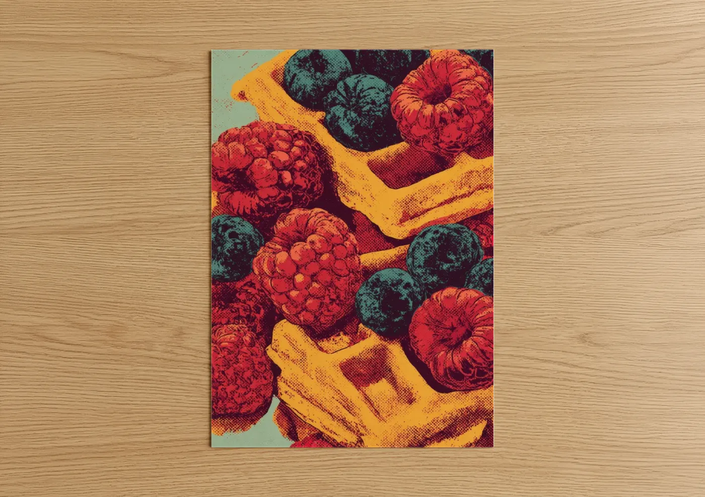 Art print on warm oak wood — red and yellow gold palette — Berry Breakfast Bowl poster
