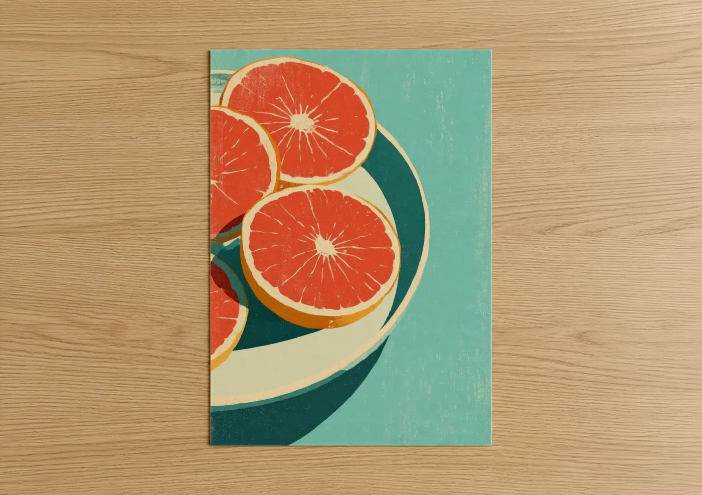 Fruit art print on warm oak wood — turquoise and red palette — Citrus Bowl Retro poster