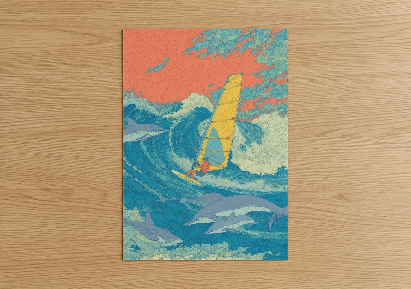 Art print on warm oak wood — orange and blue palette — Tropical Windsurfing poster