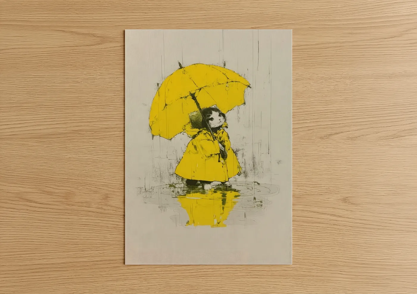 Yellow Umbrella Cat Rainy Day Wall Art