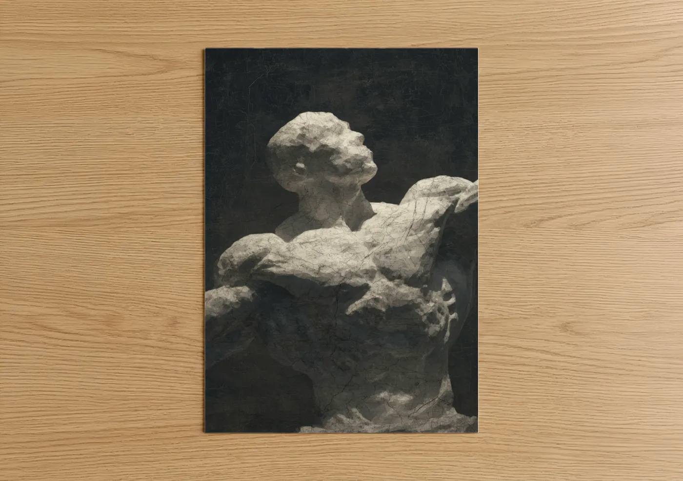 Bodybuilding art print on warm oak wood — white and black palette — Sculpted Strength poster