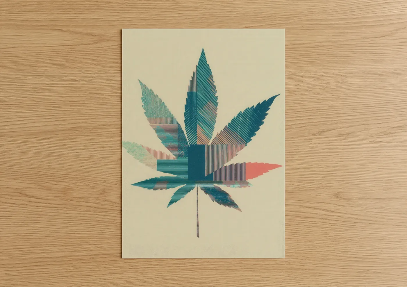 Marijuana art print on warm oak wood — teal and peach palette — Geometric Leaf poster