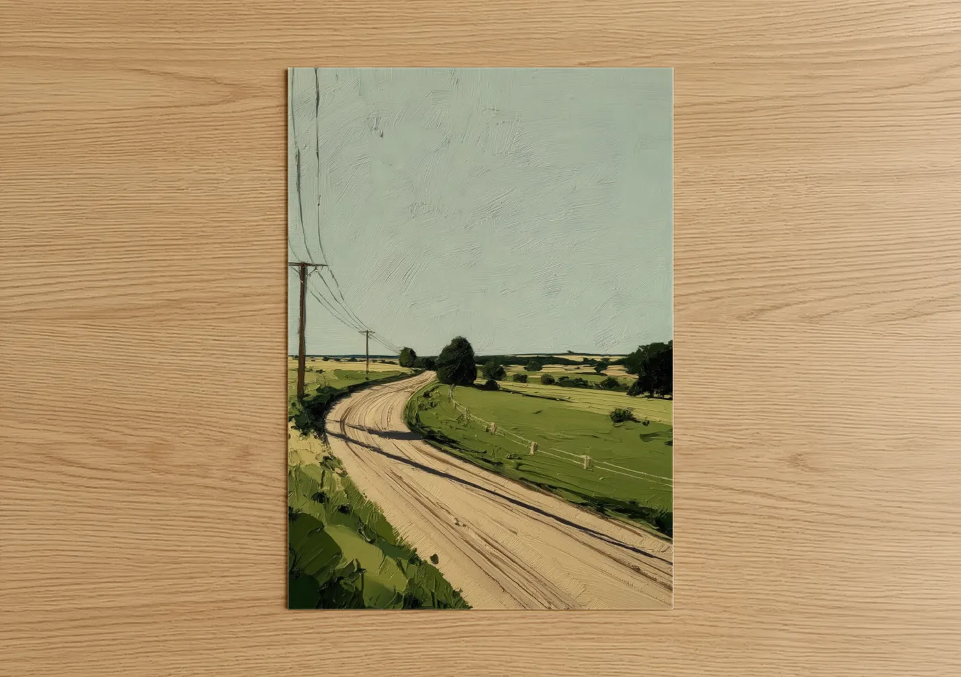 Various landscapes art print on warm oak wood — light green and beige palette — Rural Dirt Road poster