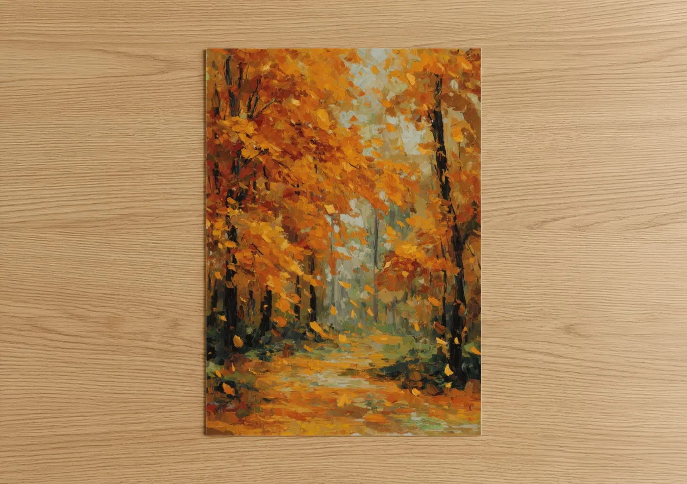 Oak forest art print on warm oak wood — gold and orange palette — Golden Oak Canopy poster