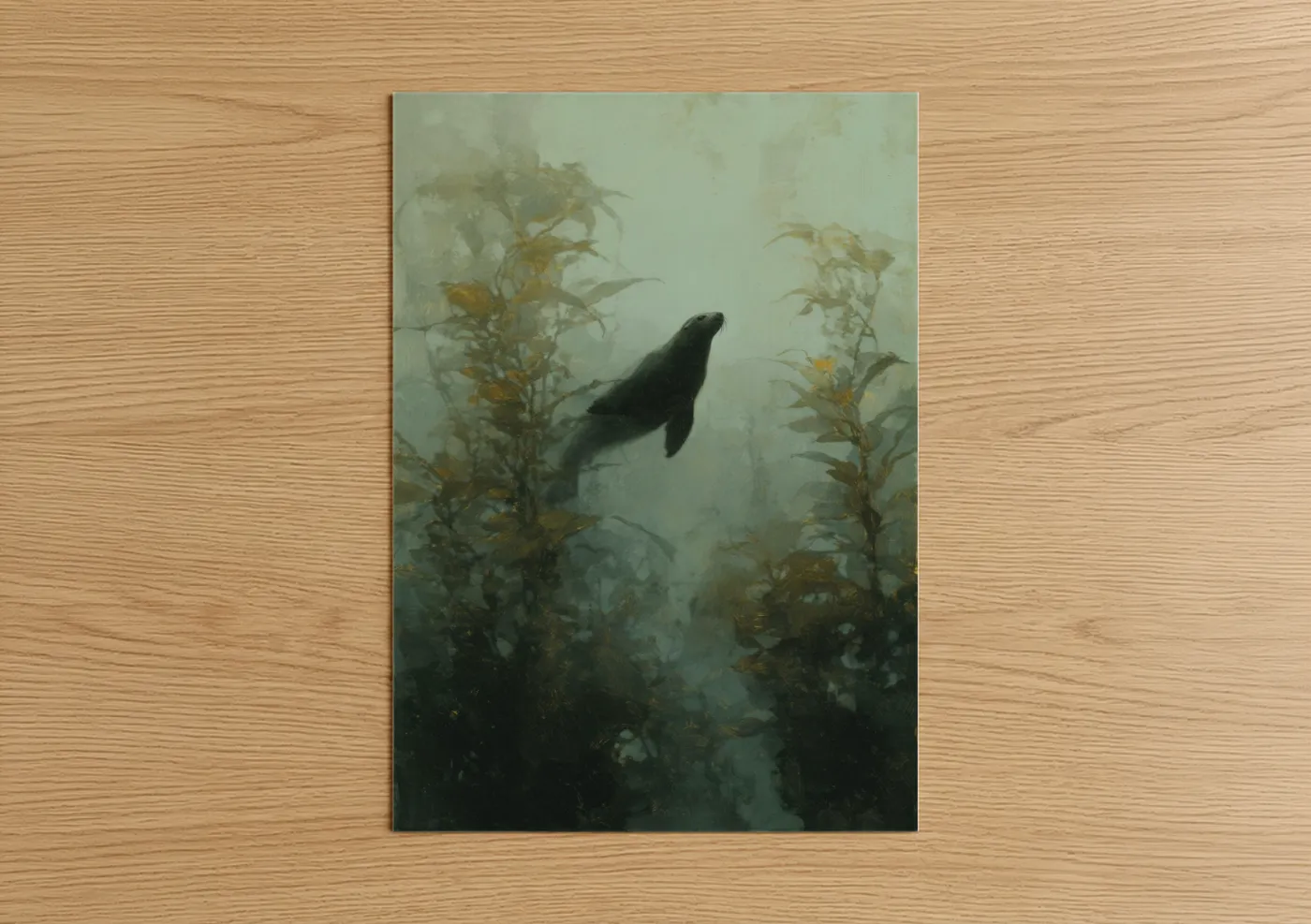 Art print on warm oak wood — sage green and cream palette — Kelp Forest Sea Lion poster