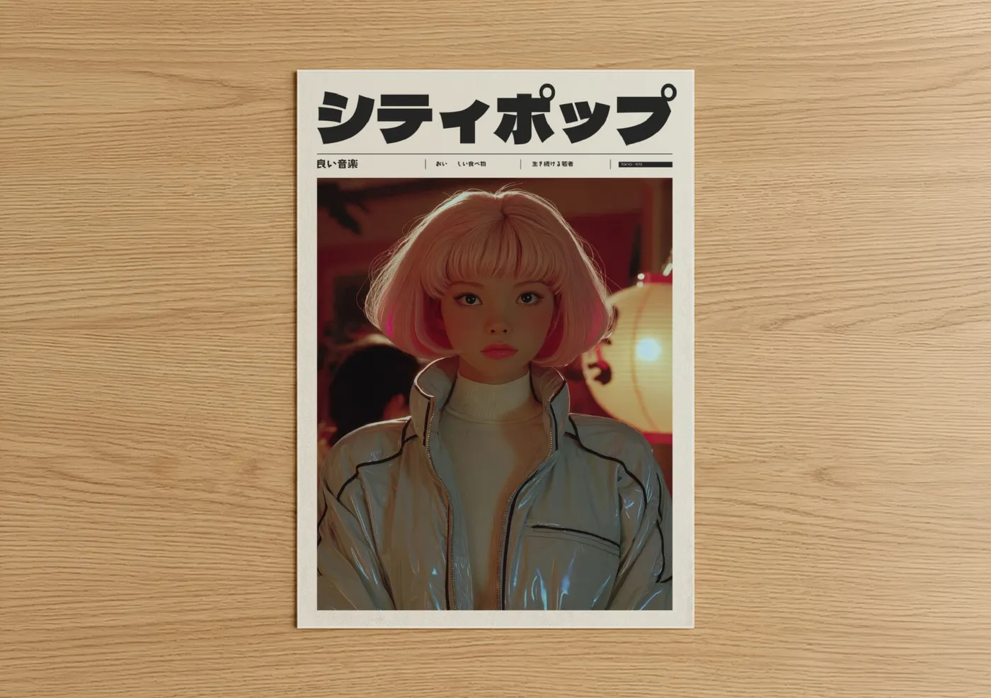 Anime and manga art print on warm oak wood — magenta and russet palette — Neon Anime Girl poster