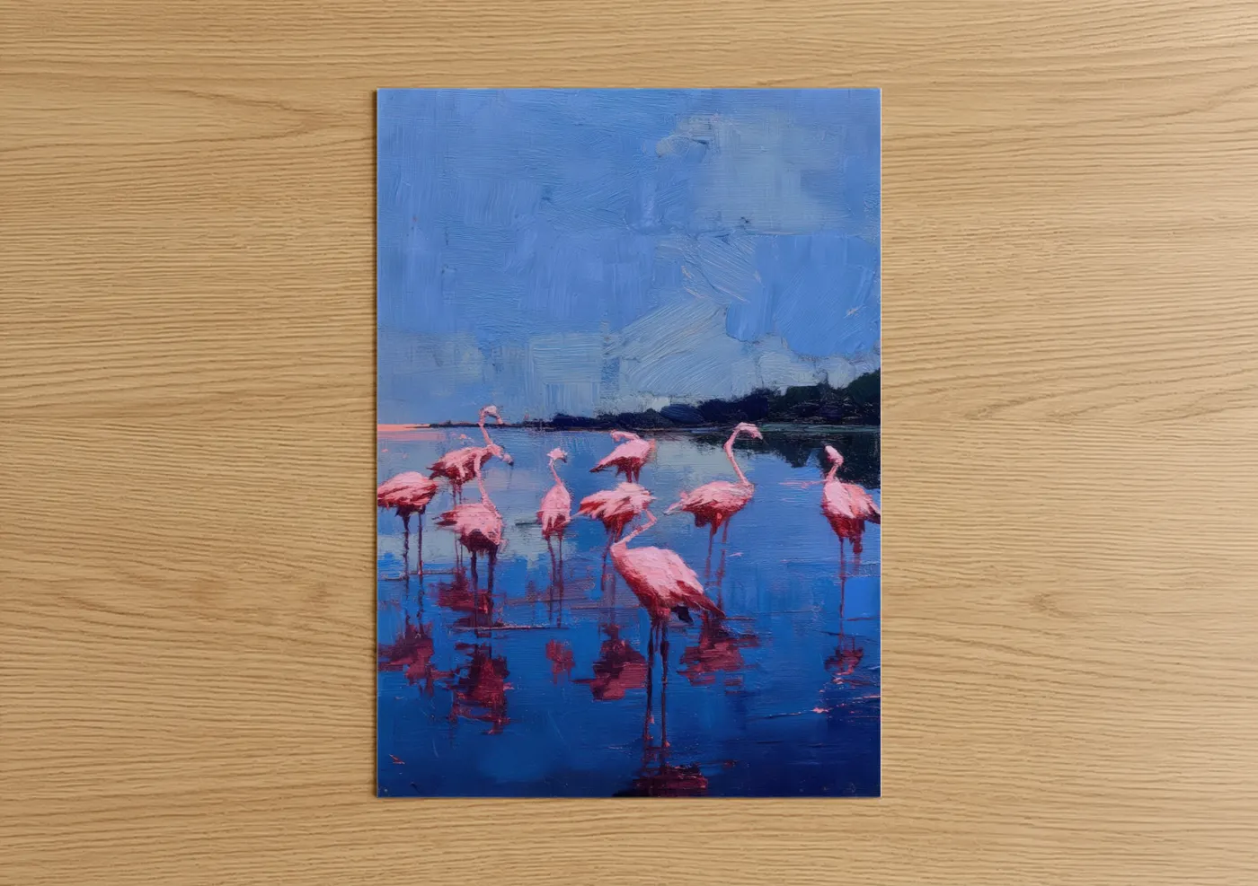 Pink Flamingos Sunset Lake Watercolor Wall Art
