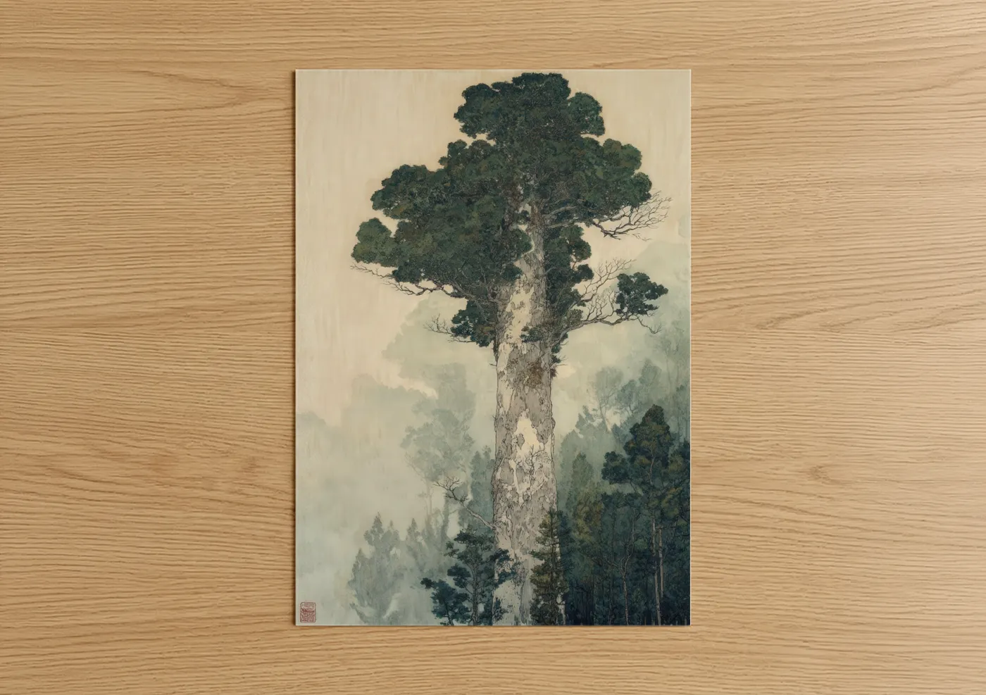 Kauri tree art print on warm oak wood — cream and dark green palette — Misty Kauri Giant poster