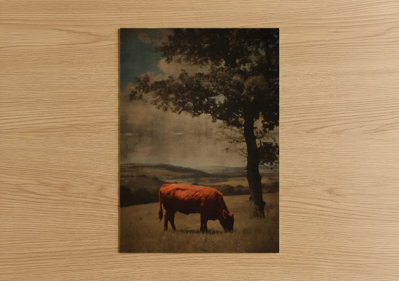 Hereford cow art print on warm oak wood — brown and gold palette — Rustic Hereford poster