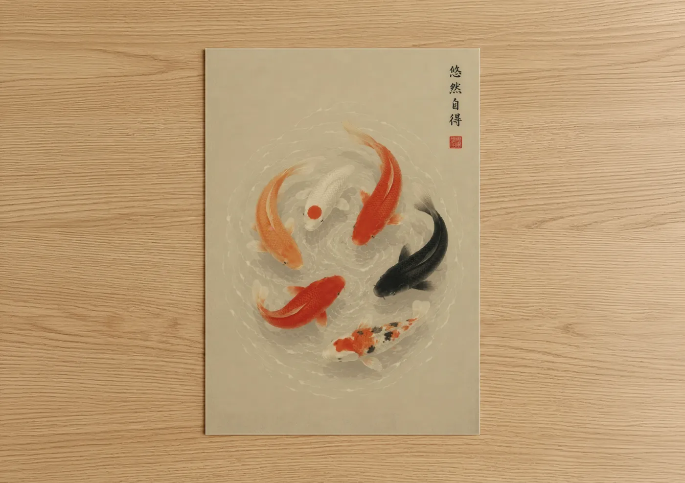 Art print on warm oak wood — beige and orange palette — Japanese Koi Fish Circle Wall Art poster