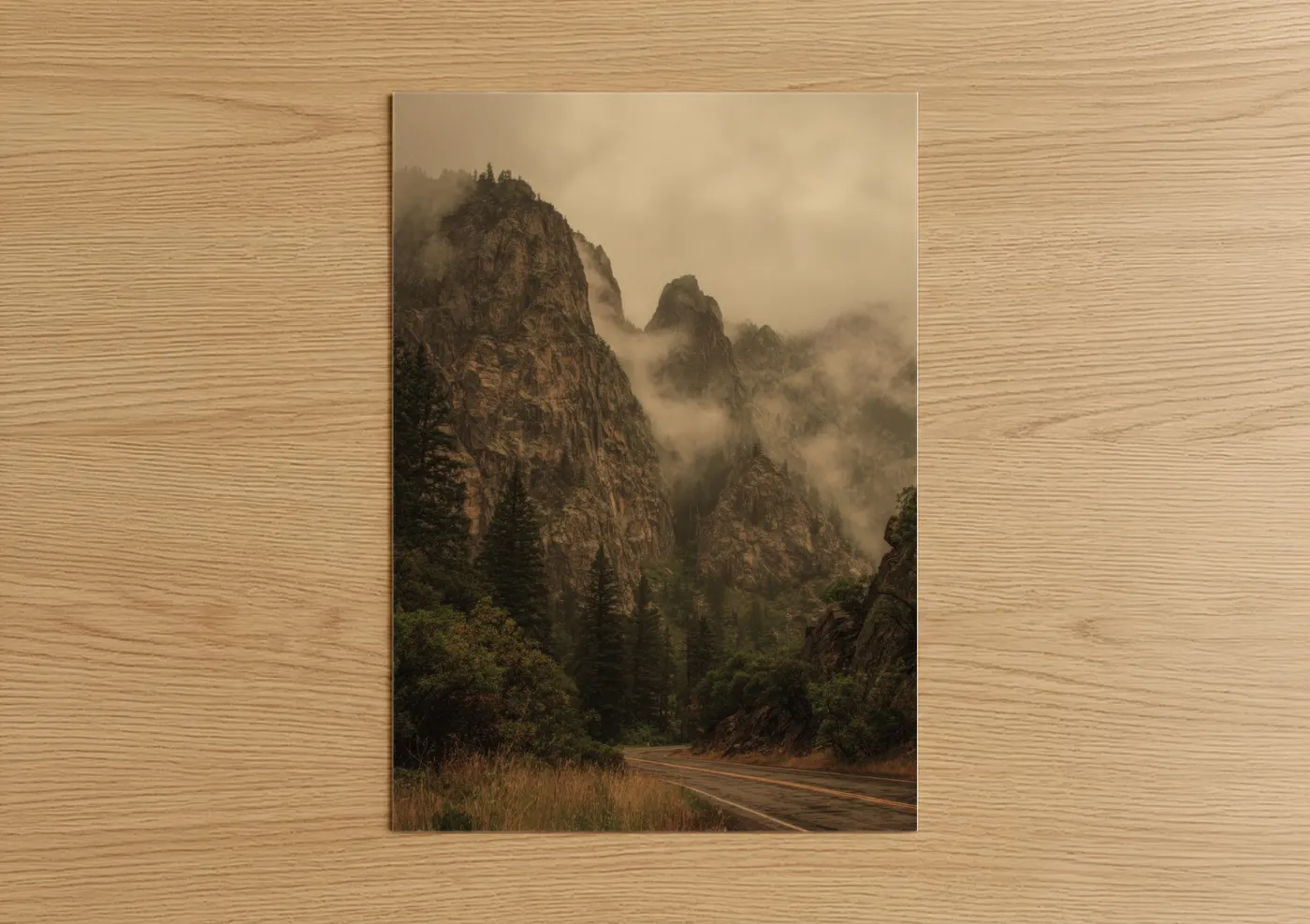 Road and highways art print on warm oak wood — beige and dark green palette — Misty Mountain Road poster