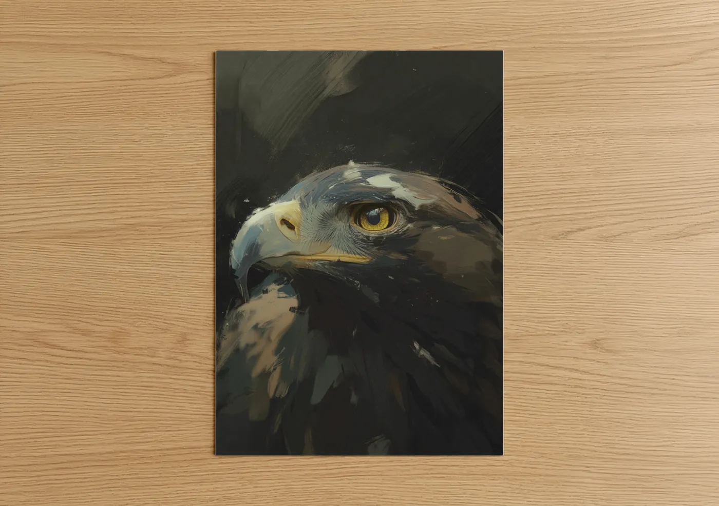 Art print on warm oak wood — gold and black palette — Golden Eagle Portrait poster