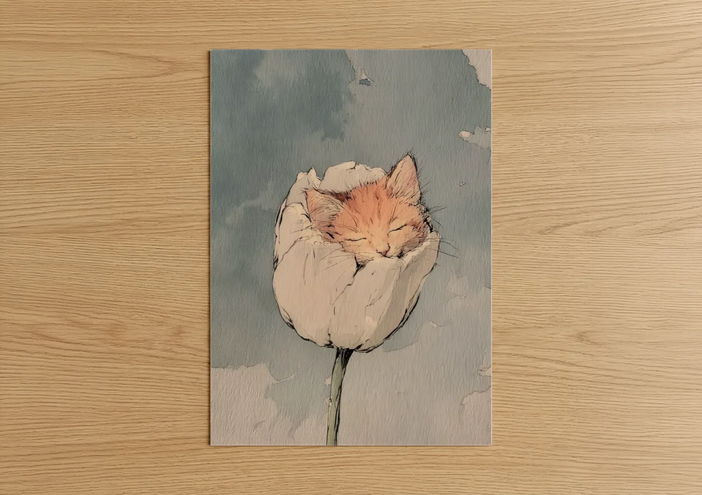 Art print on warm oak wood — dove gray and peach palette — Sleeping Flower Cat poster