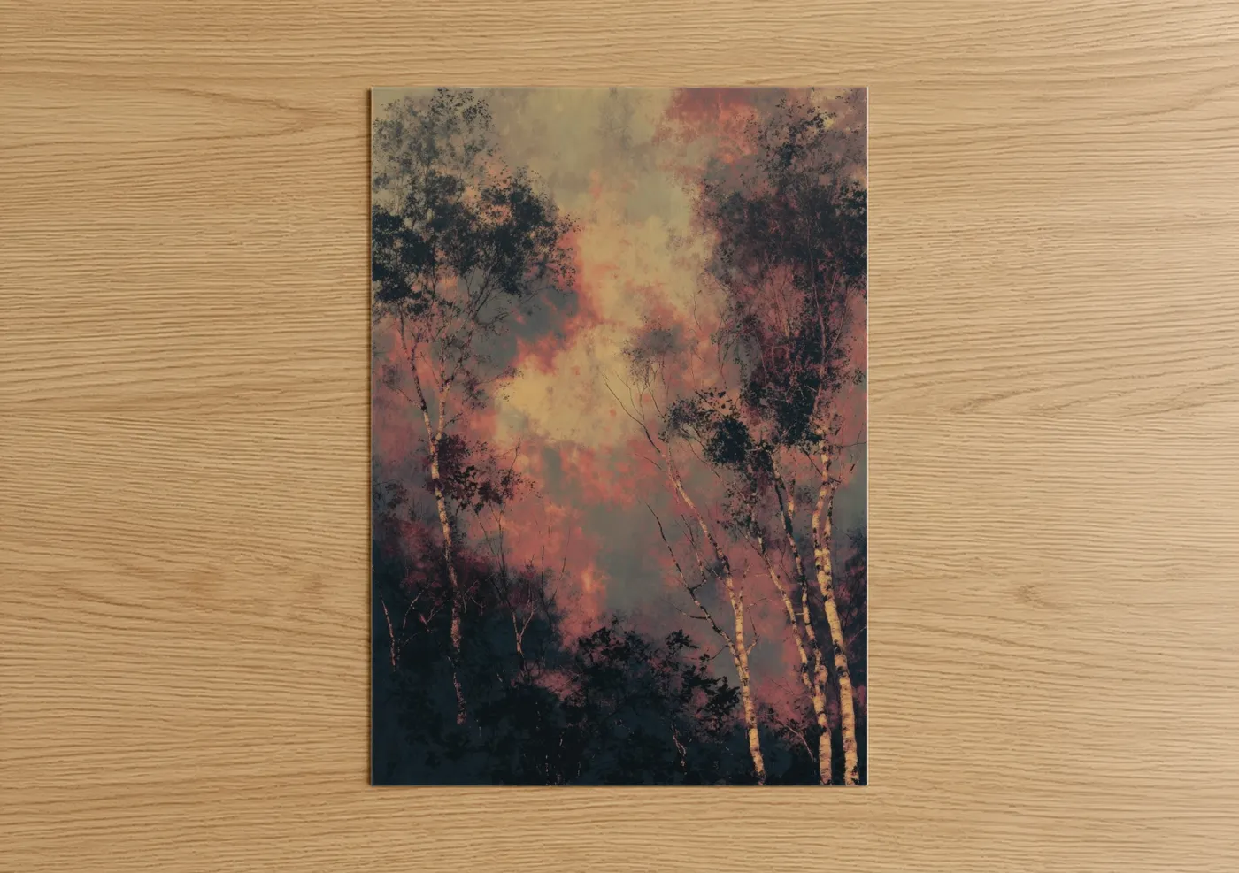 Art print on warm oak wood — gold and rose gold palette — Misty Birch Forest poster