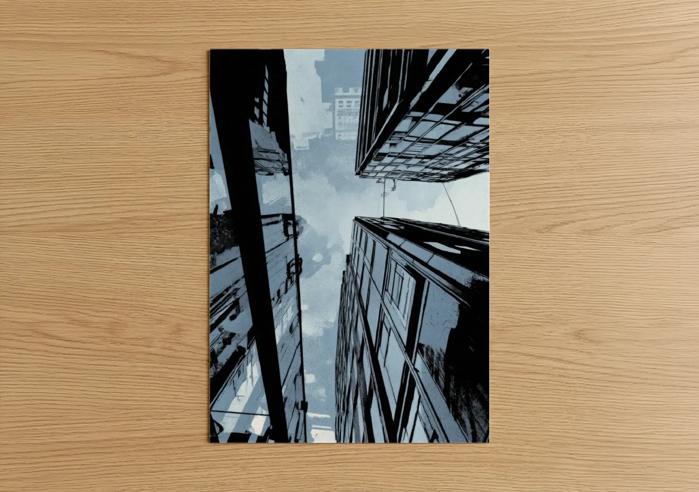 Abstract architecture art print on warm oak wood — blue and white and black palette — Urban Geometry poster
