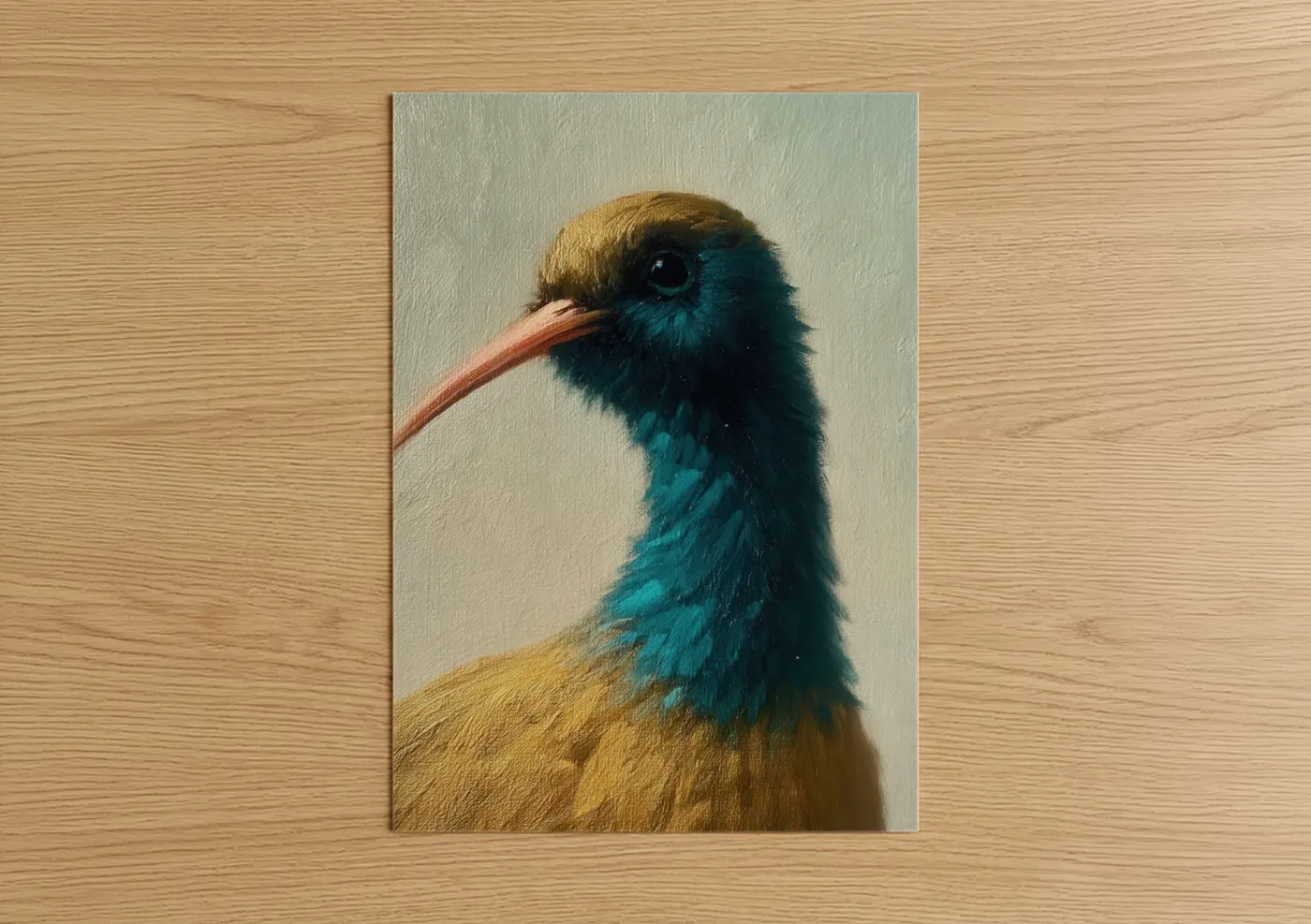 Art print on warm oak wood — teal and gold palette — Golden Kiwi poster