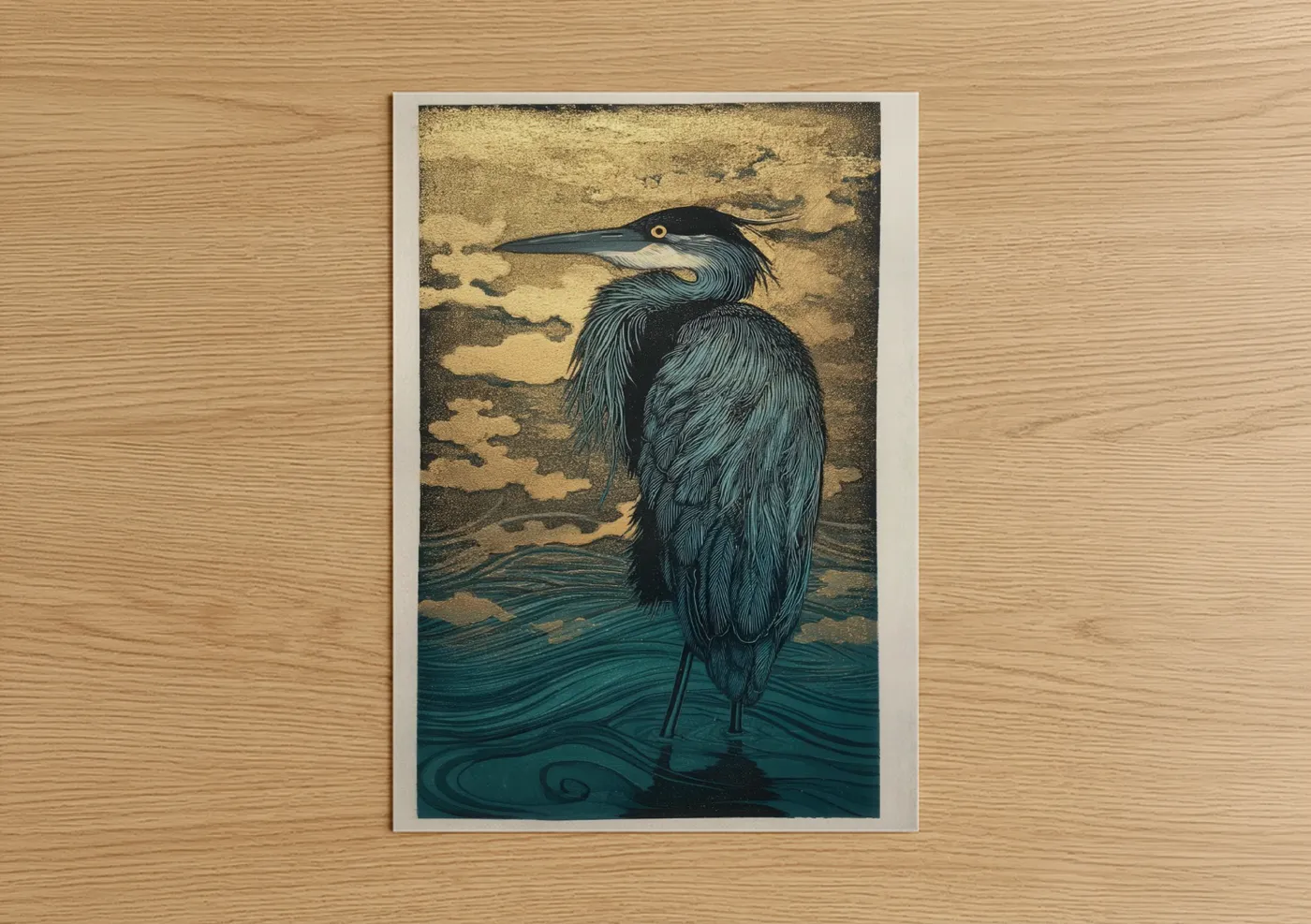 Art print on warm oak wood — gold and teal palette — Stalking Heron poster