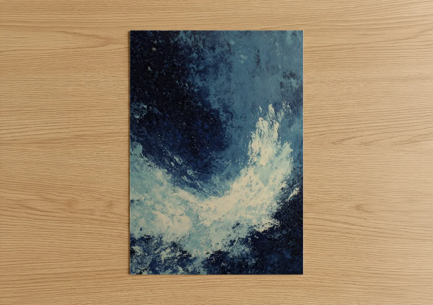 Swimming art print on warm oak wood — dark blue and cream palette — Twilight Swimmer poster