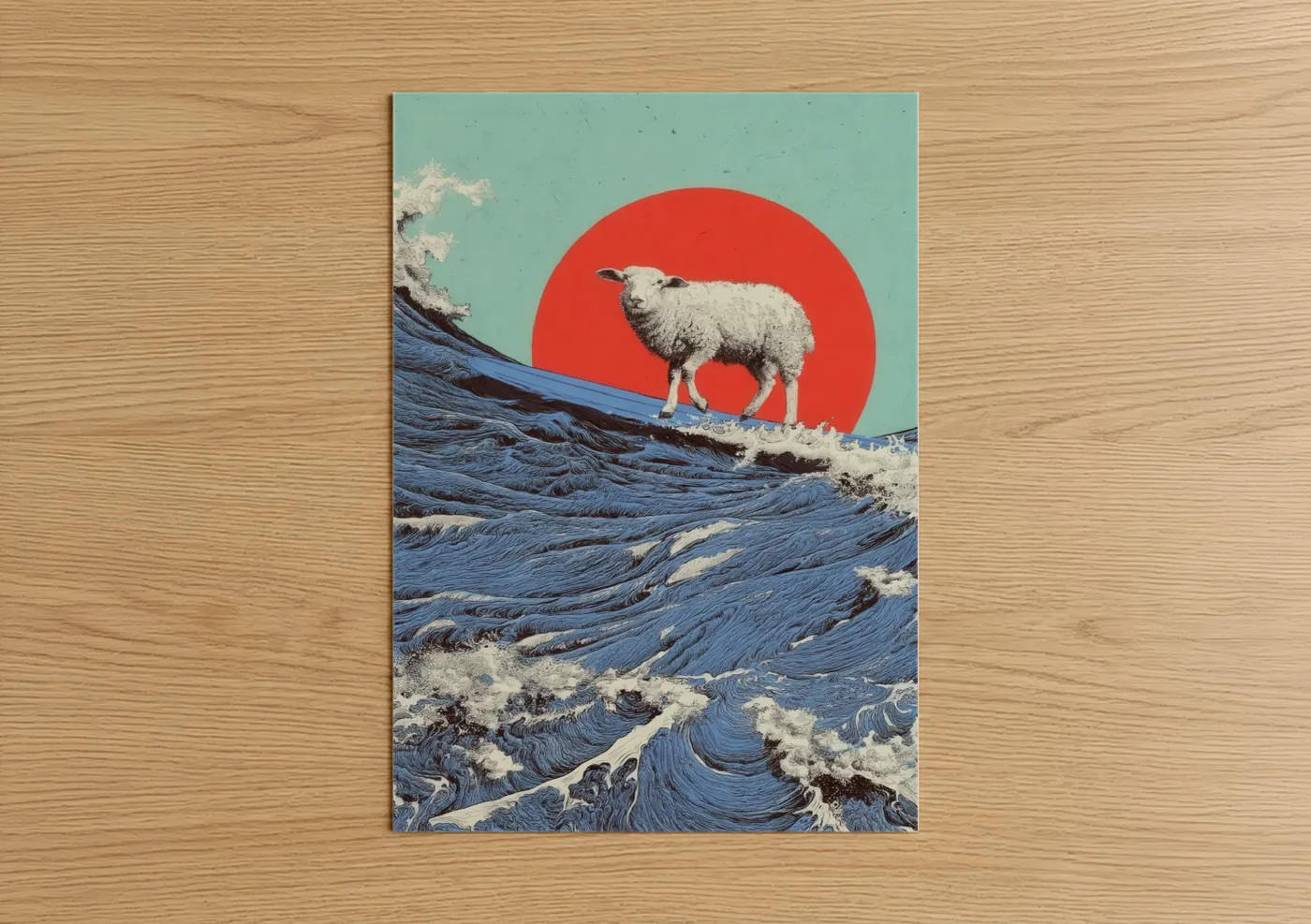 Sheep Standing on Blue Wave Japanese Wall Art