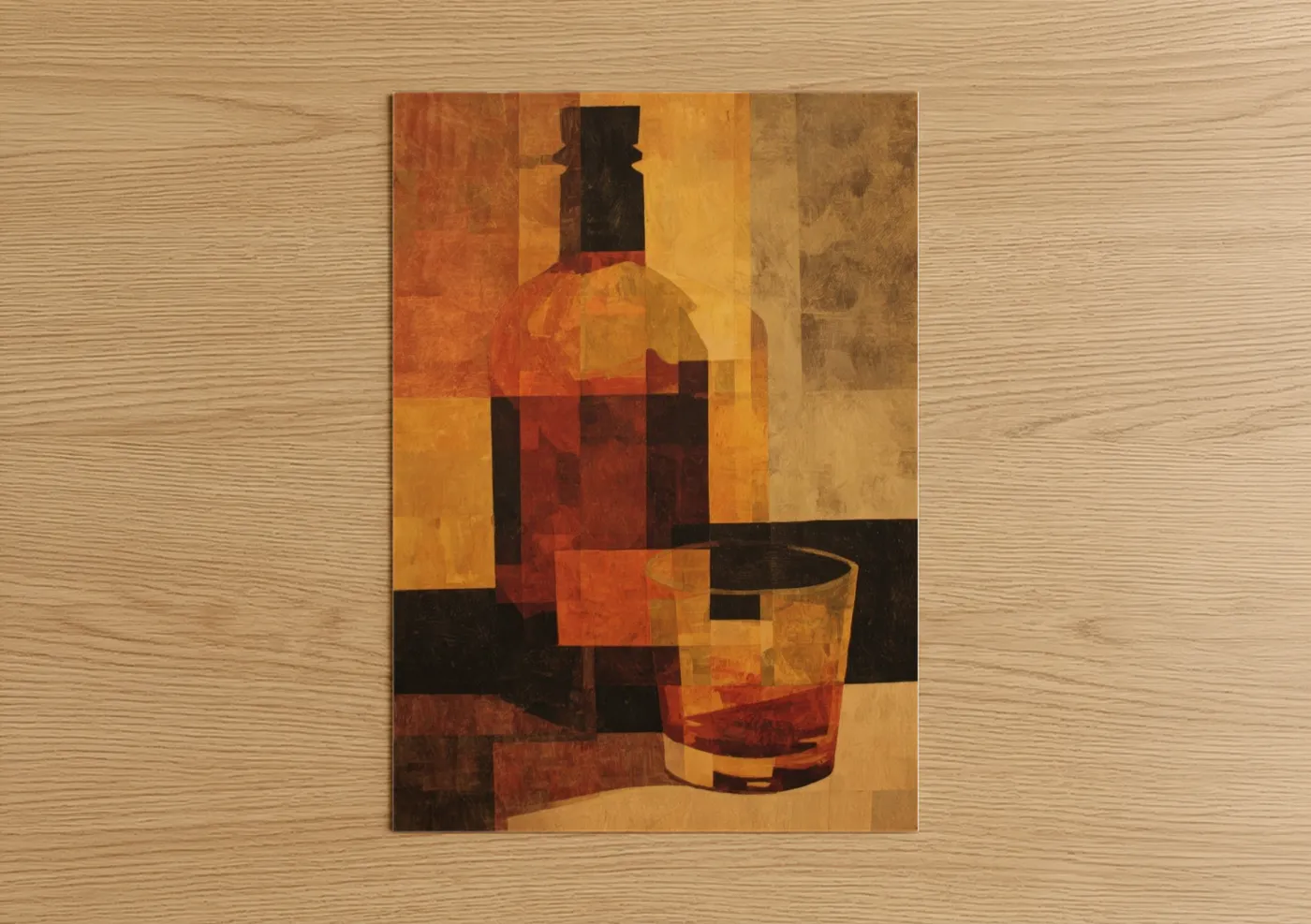 Art print on warm oak wood — gold and russet palette — Amber Whiskey Still poster
