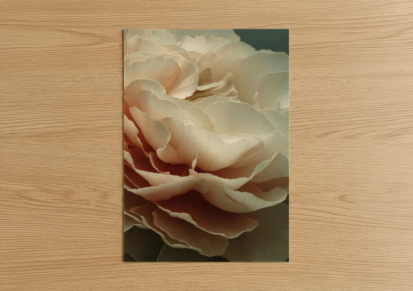 Art print on warm oak wood — cream and peach palette — Cream Ranunculus poster