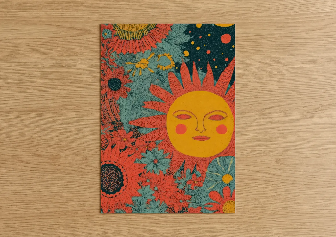 Celestial Sun Face Floral Illustration Wall Art