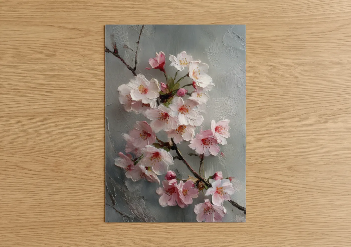 Art print on warm oak wood — pink and white palette — Blushing Cherry Blossoms poster