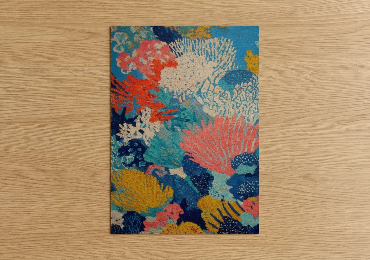 Art print on warm oak wood — blue and orange palette — Vibrant Coral Reef poster
