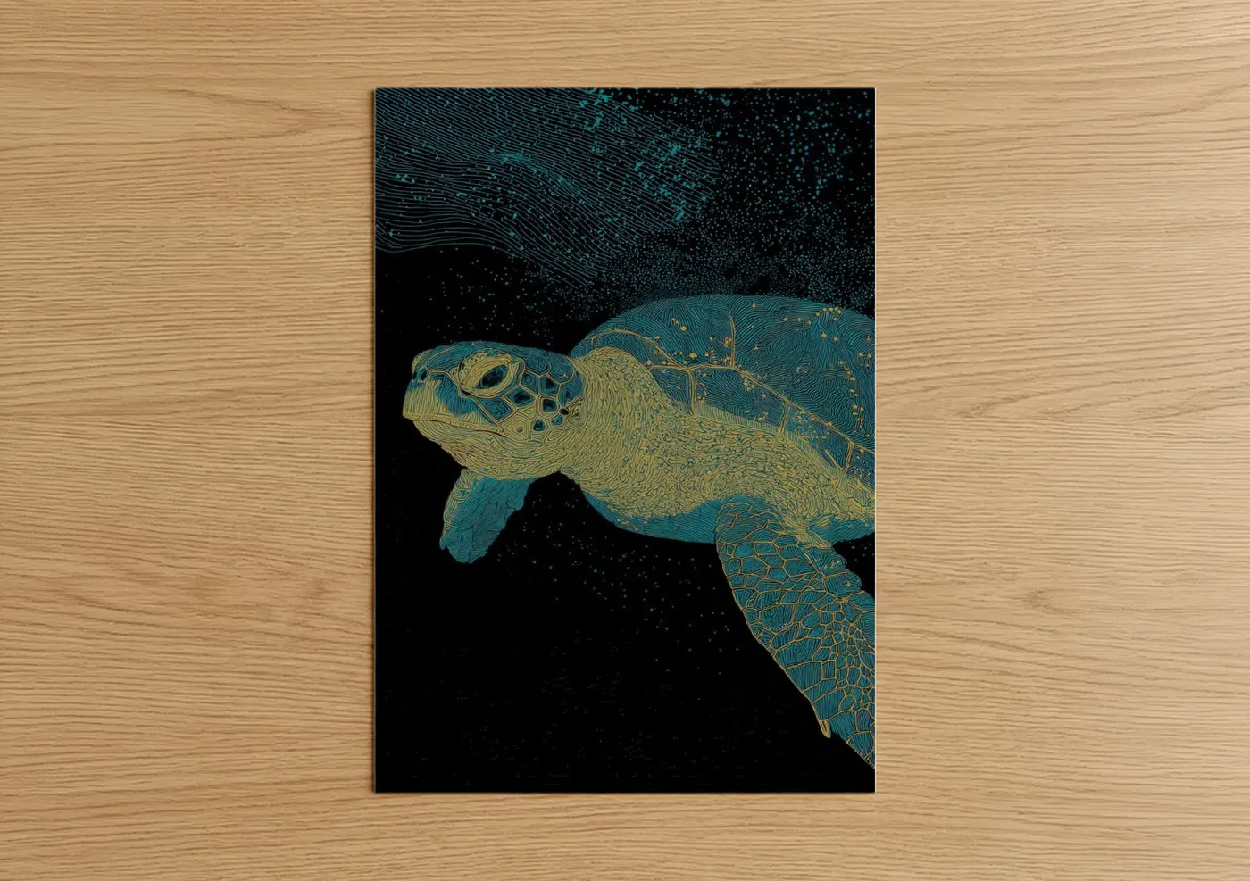 Art print on warm oak wood — teal and gold palette — Cosmic Sea Turtle poster