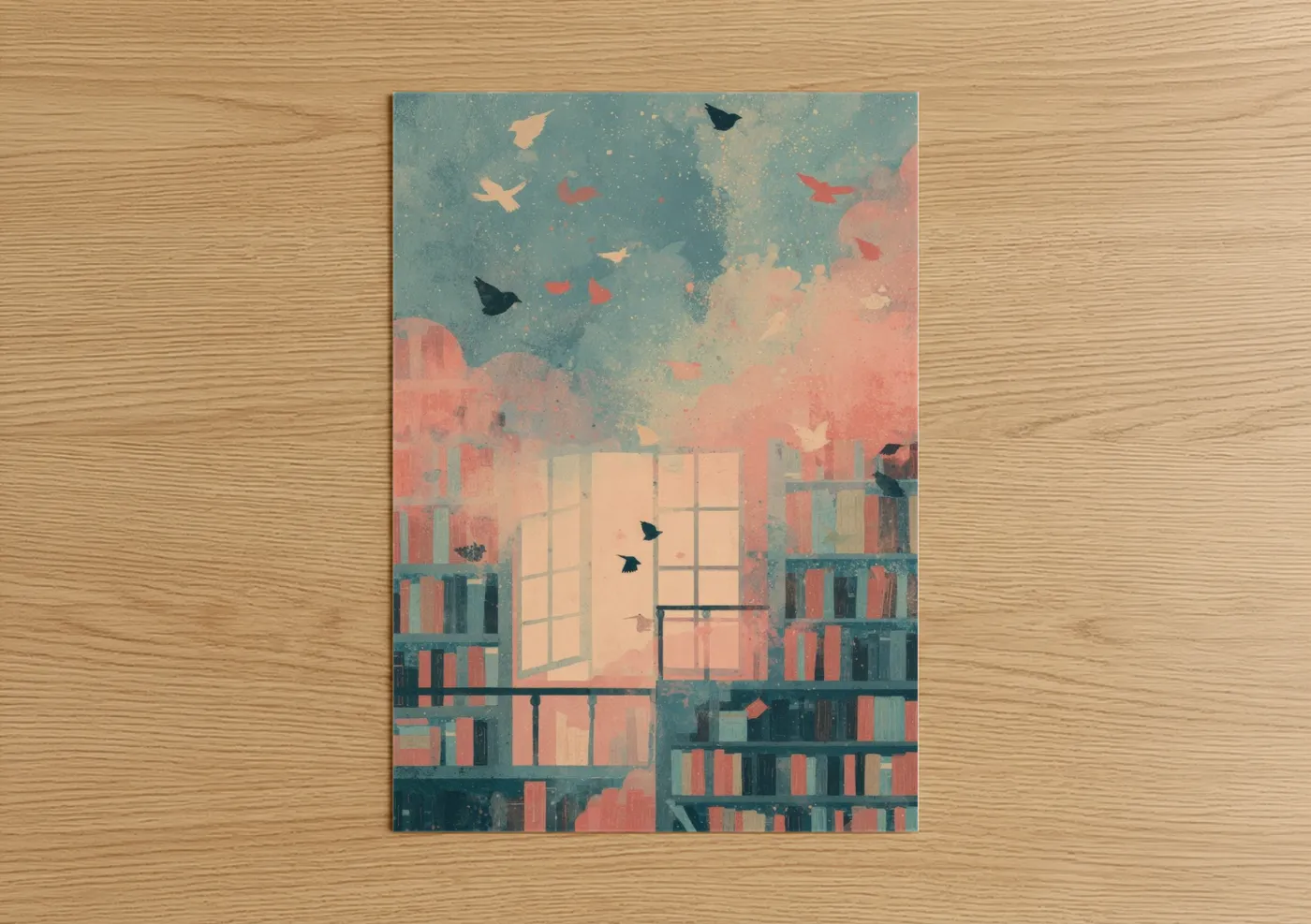 Dreamy Library Window with Flying Birds Wall Art
