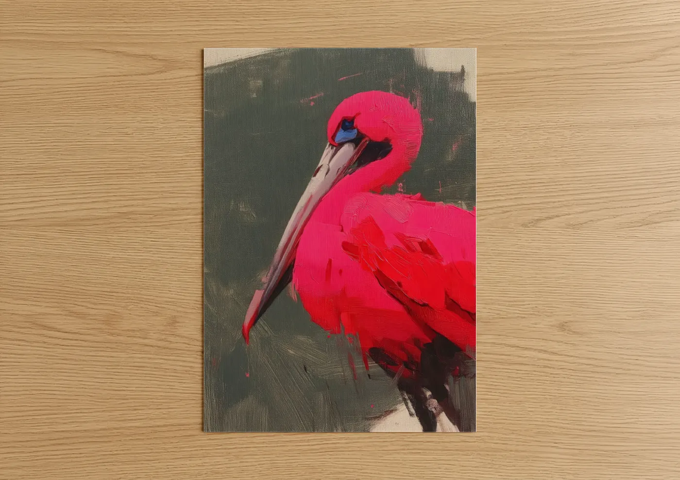 Art print on warm oak wood — magenta and dove gray palette — Crimson Pelican poster