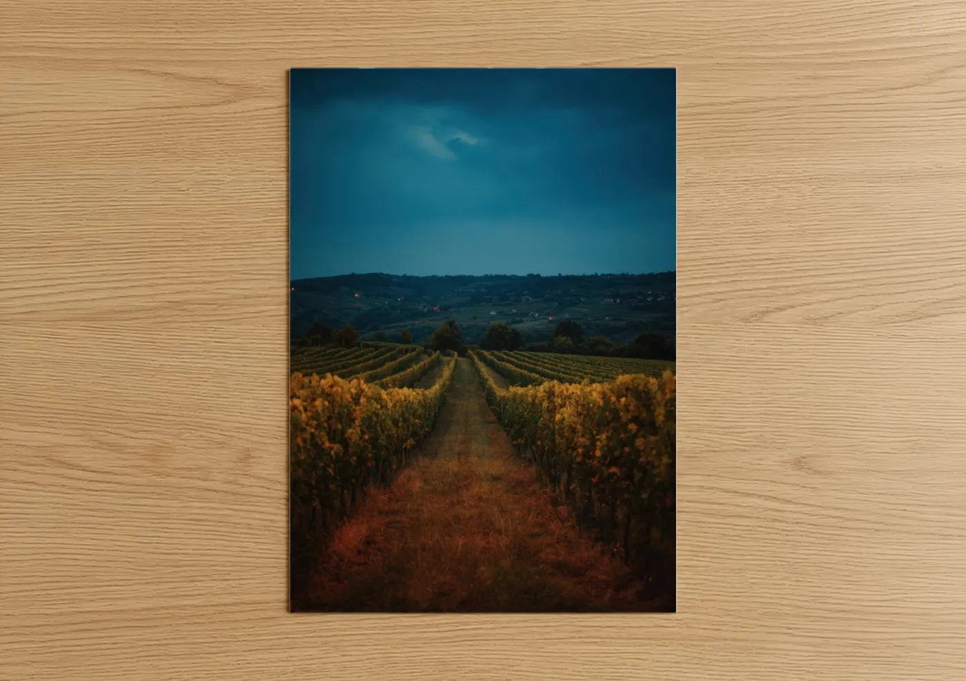 Vineyards art print on warm oak wood — gold and dark blue palette — Golden Vineyard Dusk poster