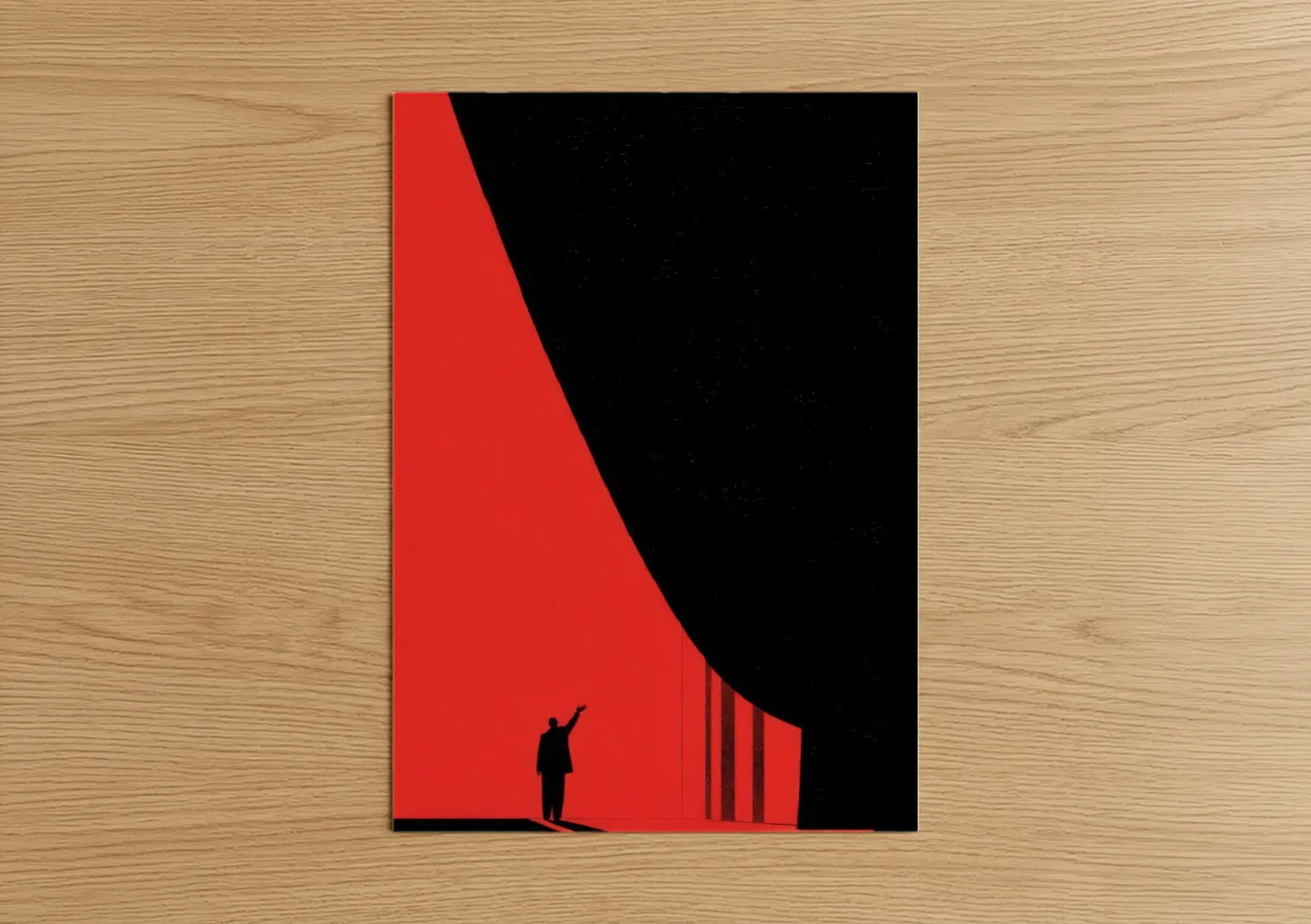 Art print on warm oak wood — red and black palette — Crimson Theater poster