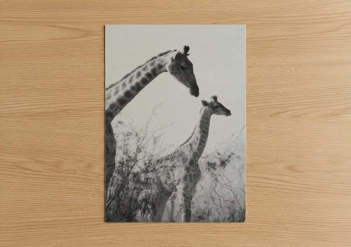 Giraffe art print on warm oak wood — black and white and gray palette — Mother and Calf poster
