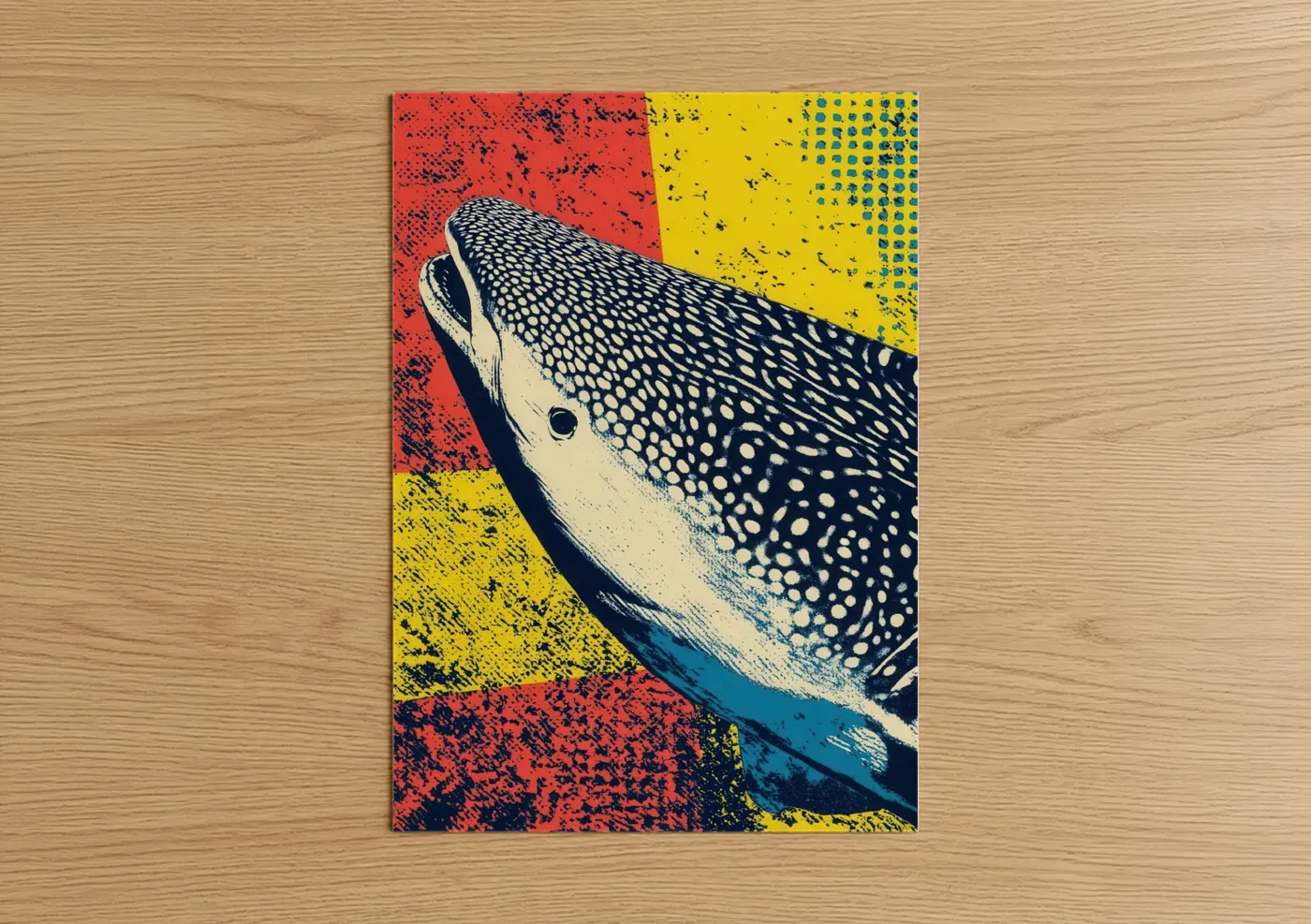 Art print on warm oak wood — red and yellow palette — Neon Whale Shark poster