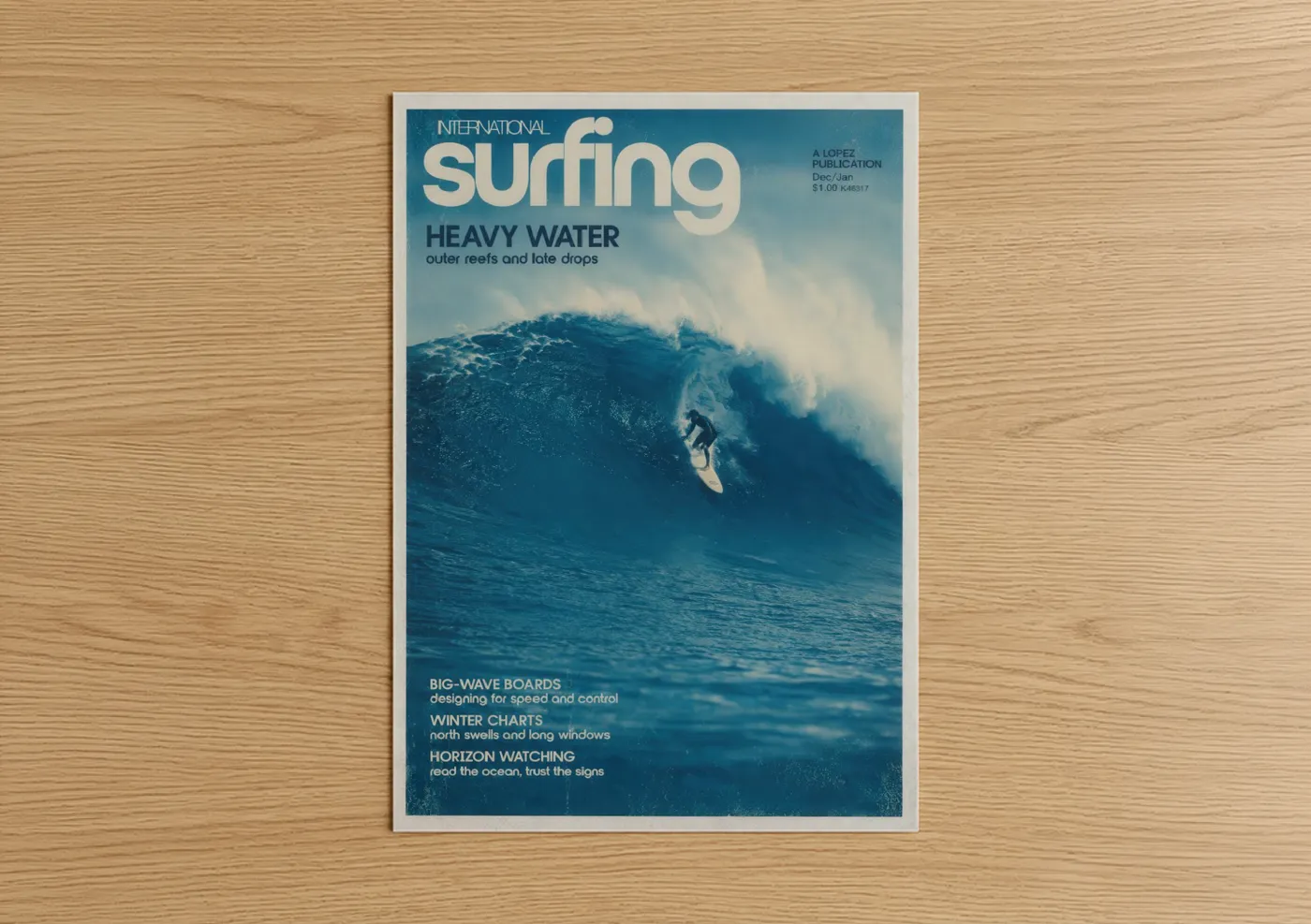 Water surfing art print on warm oak wood — blue and turquoise palette — Vintage Surfing Magazine Cover Wall Art poster