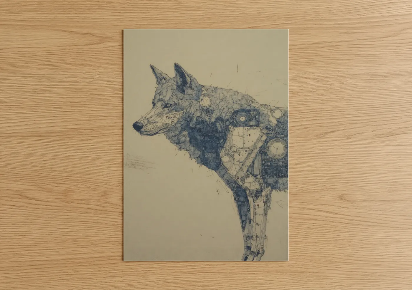 Mechanical Wolf Steampunk Blueprint Art Wall Art