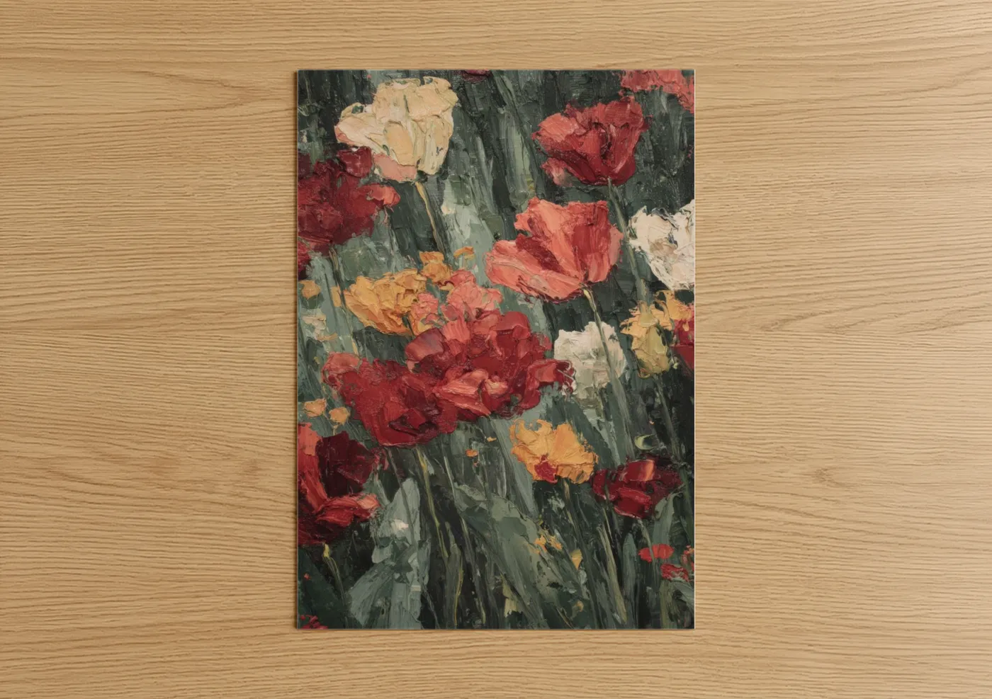 Art print on warm oak wood — red and dark green palette — Crimson Tulip Garden poster