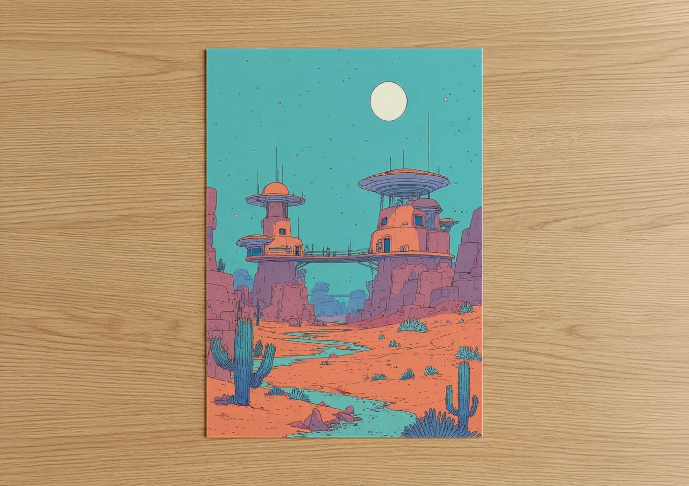 Comic books art print on warm oak wood — turquoise and orange palette — Desert Outpost poster