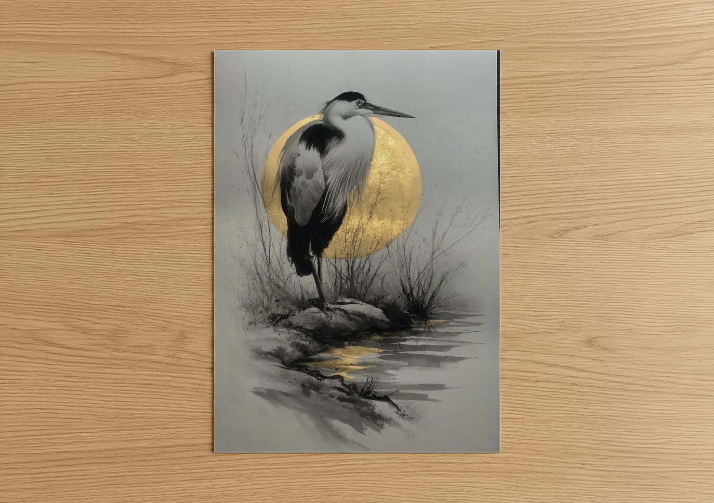 Art print on warm oak wood — gray and white and gold palette — Moonlit Heron poster