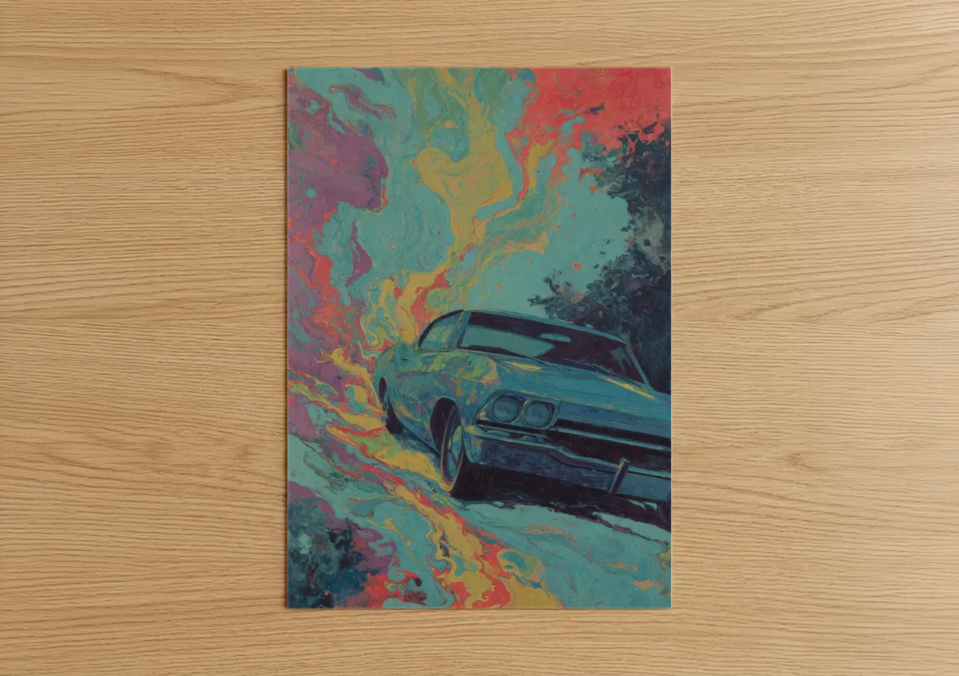 Art print on warm oak wood — turquoise palette — Classic Car Abstract poster