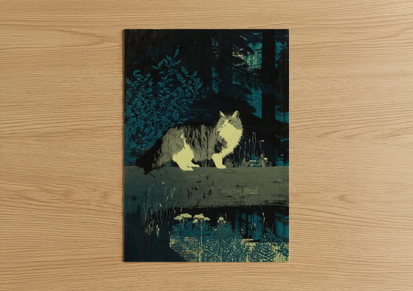 Moonlit Garden Cat Japanese Woodblock Wall Art