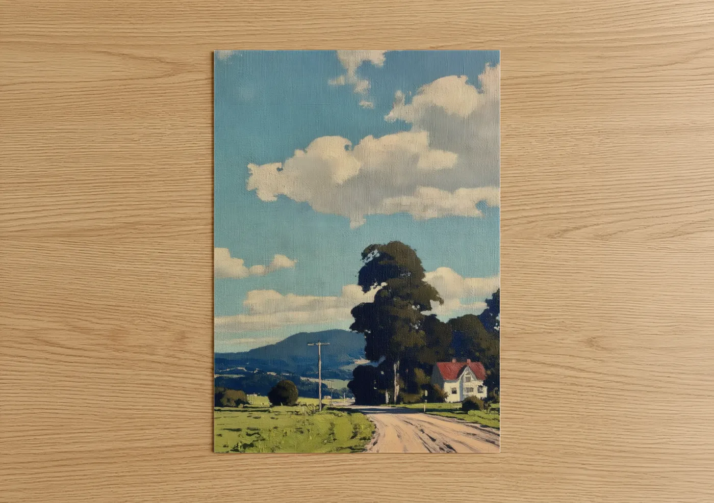 Various landscapes art print on warm oak wood — blue and green palette — Rural Countryside Road poster