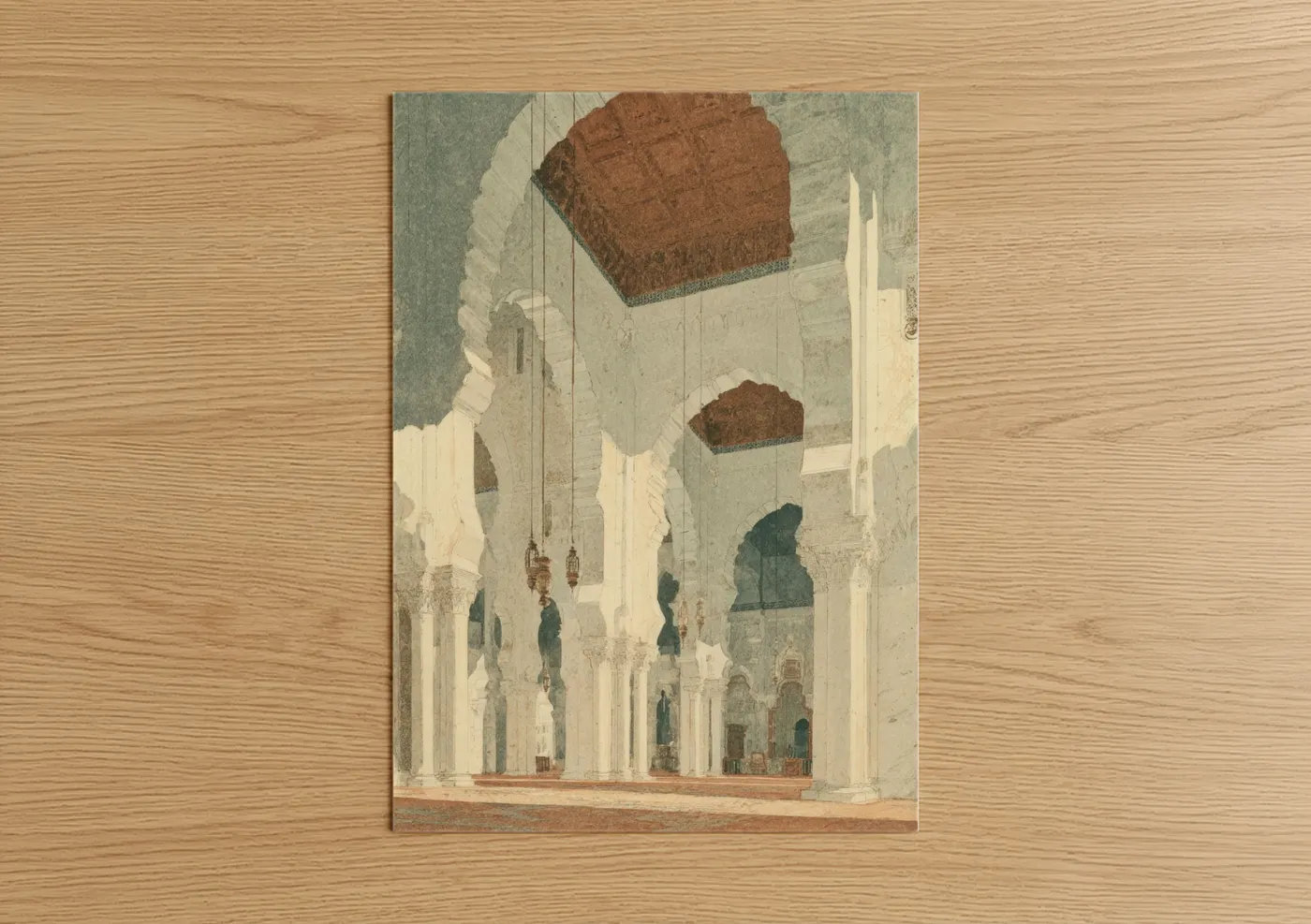 Judaism art print on warm oak wood — sage green and beige palette — Sacred Synagogue Interior poster