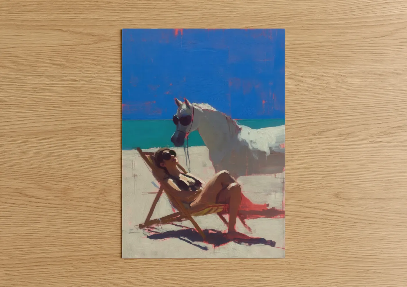 Art print on warm oak wood — blue and teal palette — Beach Arabian Horse poster