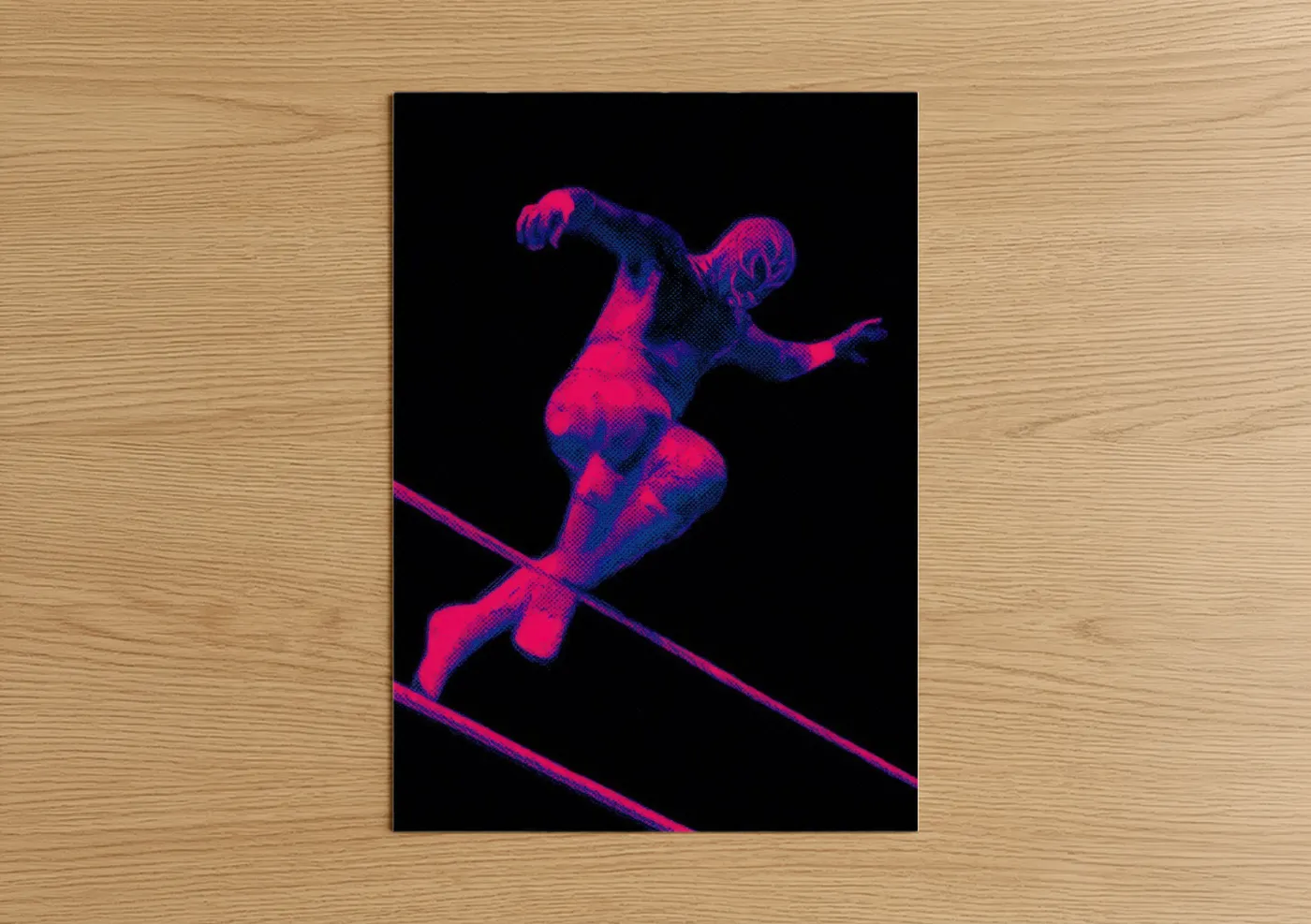 Wrestling art print on warm oak wood — magenta and blue palette — Neon Wrestler poster