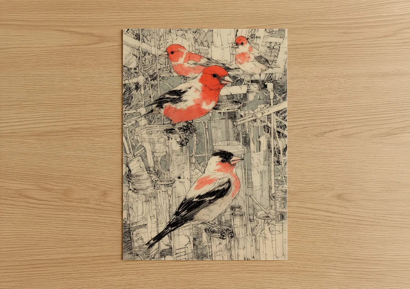 Art print on warm oak wood — red and cream palette — Scarlet Finch Trio poster